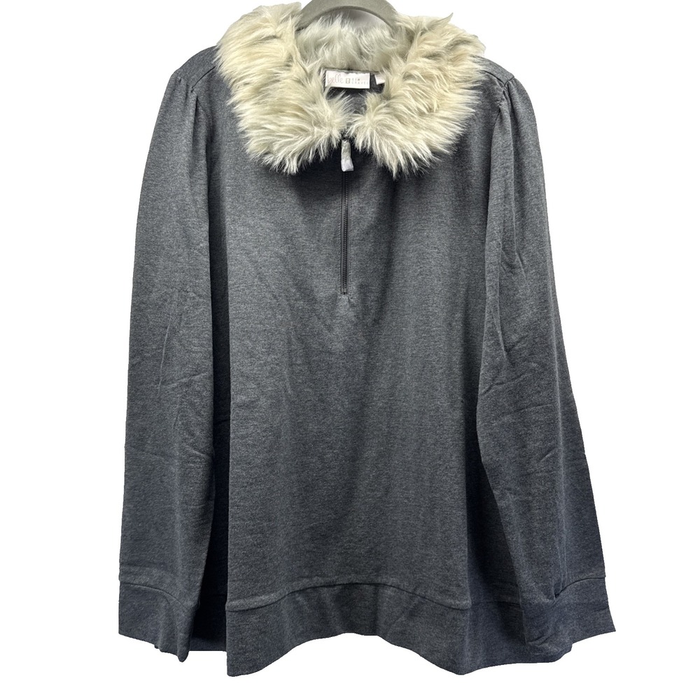 Bell Kim Gravel Women's Faux Fur Top Size 1X Gray Ivory 1/4 Zip Stretch Cotton